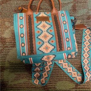 Wrangler Teal and Brown Geometric Crossbody Bag